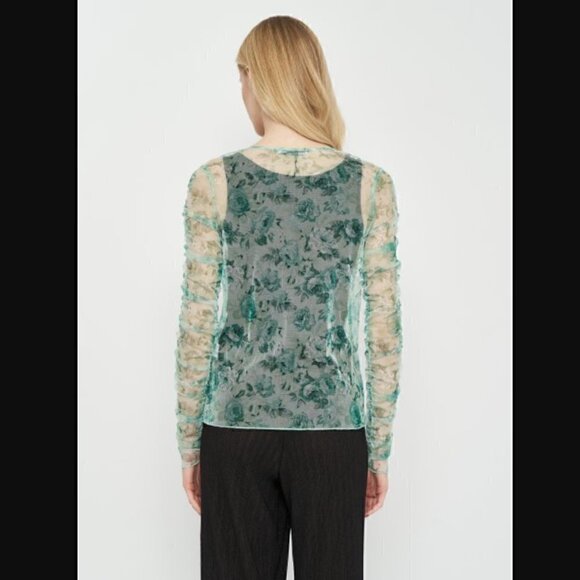 Zara Mesh Top S Green Floral Print Ruched Long Sleeve Sheer Trendy - Picture 12 of 16